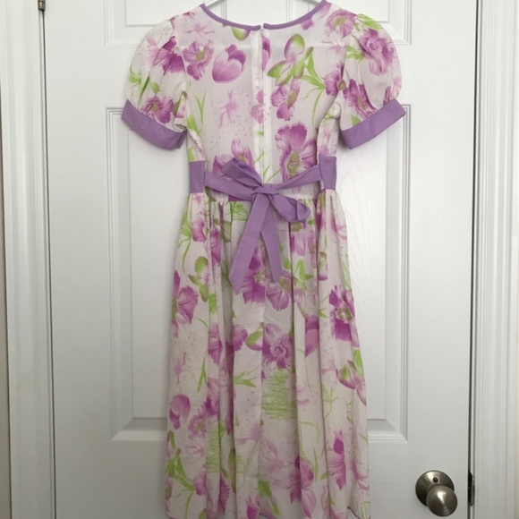 Purple White Floral Short Sleeve Dress Girls Size 9 With Front Bow Back Zipper - Picture 6 of 8